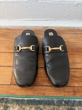 Steve Madden Black Leather Slip-On Mules with Gold Horsebit Hardware